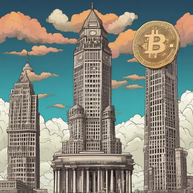 Comparing centralized digital currencies with a towering bank as a stable scale and decentralized digital currencies represented by a flying Bitcoin blockchain for freedom