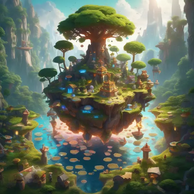 An image of an island with various colored virtual coins floating on the water, symbolizing the diverse ecosystems they represent