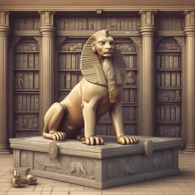 A central bank Sphinx protects a treasure chest adorned with various currency symbols, representing the balance between the advantages and challenges of Central Bank Digital Currencies (CBDCs)