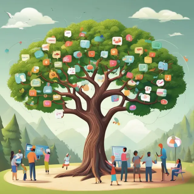 An adaptive tree with interconnected branches symbolizing marketing best practices thriving within a digital landscape