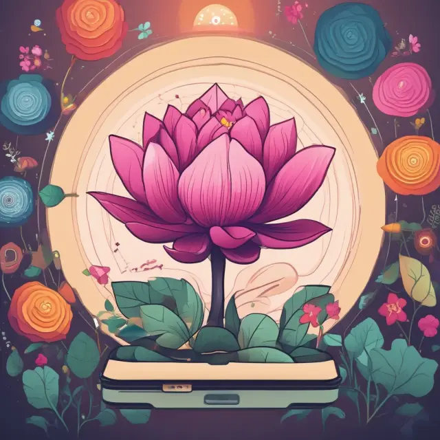 A lotus flower unfurling its petals reveals emerging digital marketing trends: voice search, AR/VR, AI, omnichannel, influencer marketing, conversational marketing, dark social, and privacy.