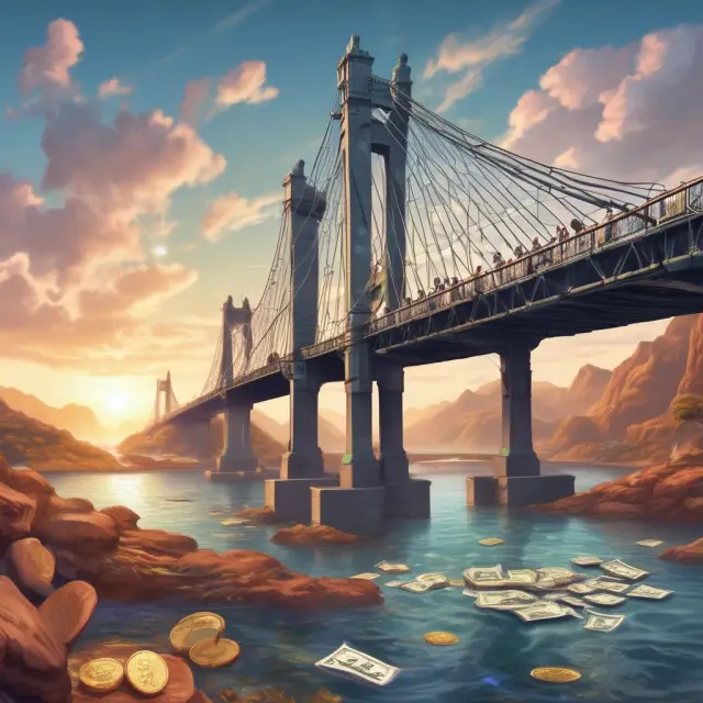 Visualization of the intersection between traditional currencies and digital money, symbolizing the evolution from physical to electronic forms of exchange on a flowing river of time