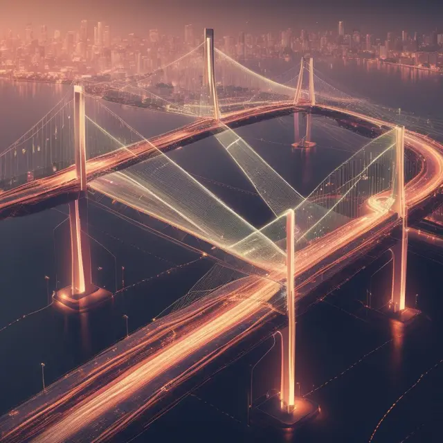 Digital bridge connecting two continents with digital currency flowing between them, illustrating seamless global transactions