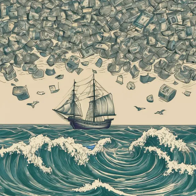 A serene seashore filled with dollar bills acting as anchors for stable coins, representing their price stability in the volatile digital currency market
