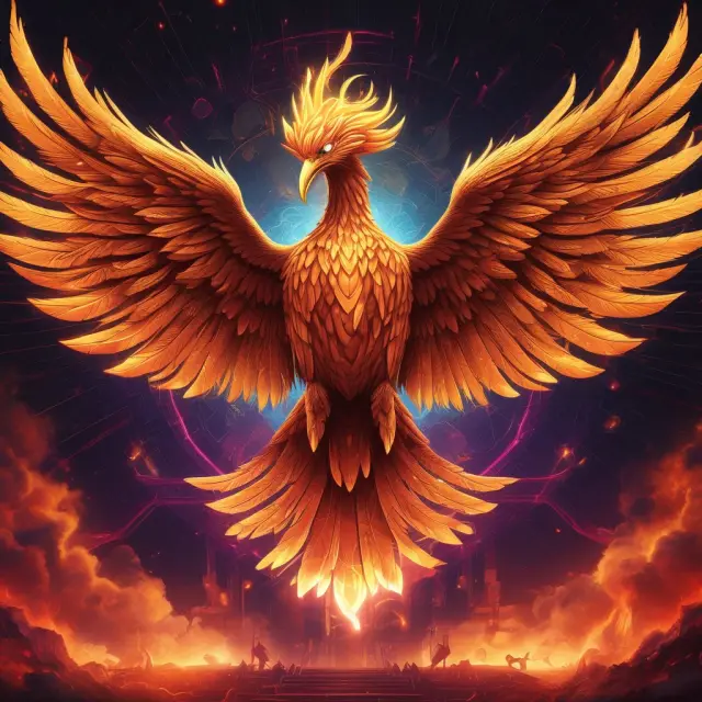 A mythical Phoenix emerging from a complex blockchain network, illustrating the metamorphosis of digital currencies