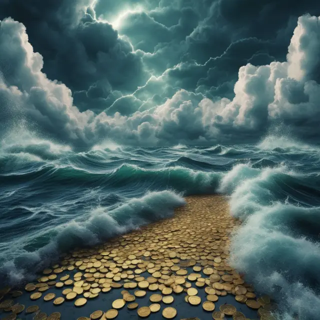 Stormy seas filled with digital coins illustrating the challenges of digital money adoption