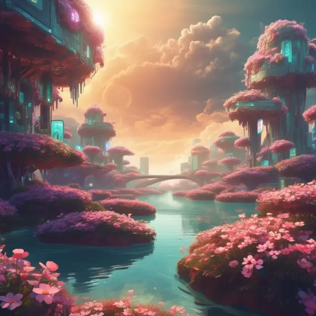 Image of a futuristic landscape with digital money growing like flowers, symbolizing the economic implications and transformation brought by digital currencies