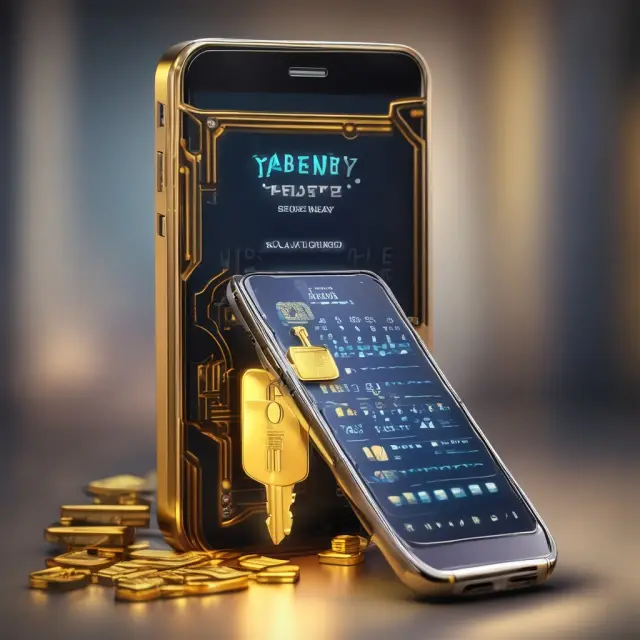 Golden keys on a smartphone representing digital wallet security and various technologies enabling contactless payments.