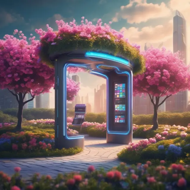 A vibrant garden symbolizing digital wallets blooming with features like enhanced security, convenience, access to financial services, and improved customer experience.