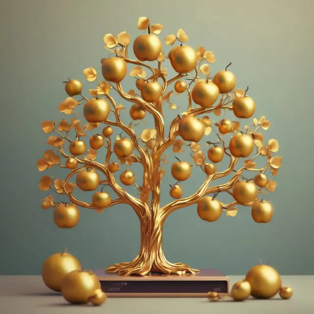 Digital tree bearing golden apples and pears representing Alipay, Apple Pay, M-PESA, and Samsung Pay