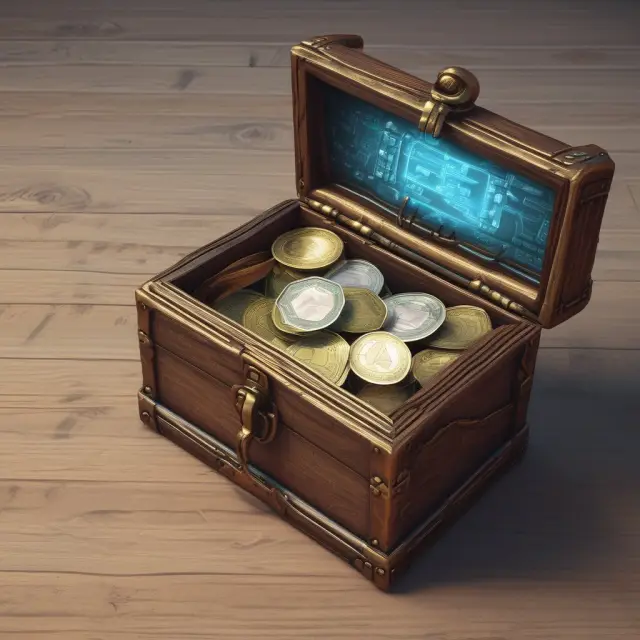 Open digital wallet with gold coins, dollar bills, and cryptocurrencies in a secure, encrypted treasure chest