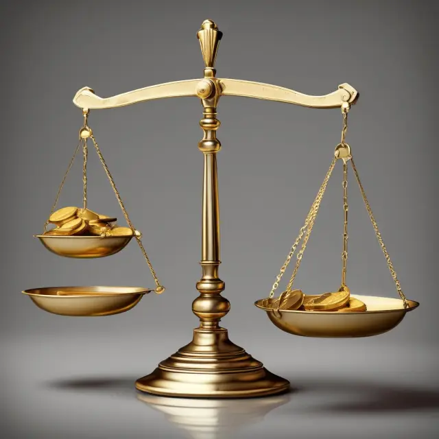Image illustrating share dilution and stock splits: a balance scale with gold coins as original shares and new coins as diluted or split stocks.
