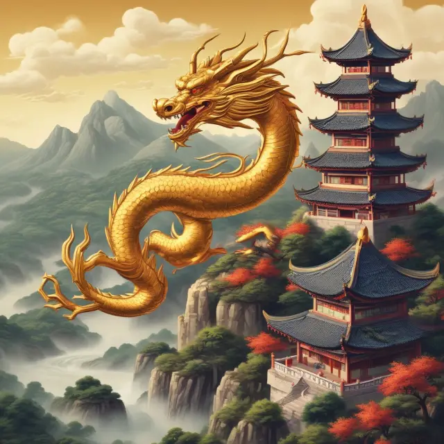 A golden dragon flying majestically over a landscape of China, illustrating the expanding dim sum bond market