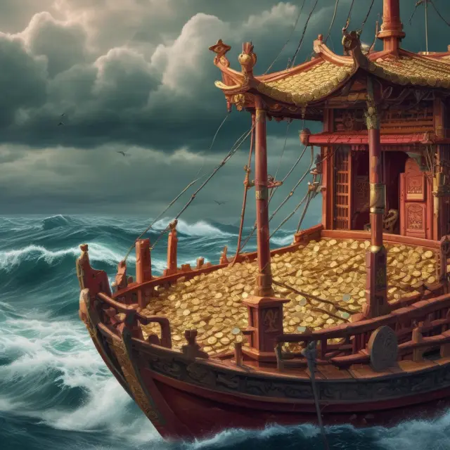 A Chinese junk boat braves stormy waters while carrying gold coins, representing the potential risks and rewards of investing in dim sum bonds.