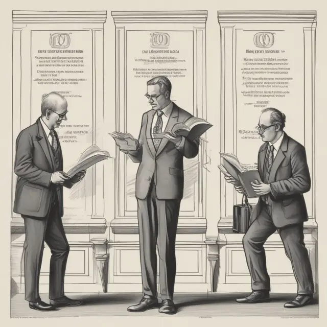 A triptych painting displaying a magnifying glass on financial statements, a credit rating shield, and a regulatory compliance checklist.