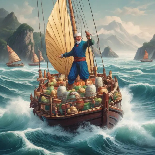 An investor managing their portfolio on a boat amidst rough waves, with dim sum bonds represented as a valuable shipment.