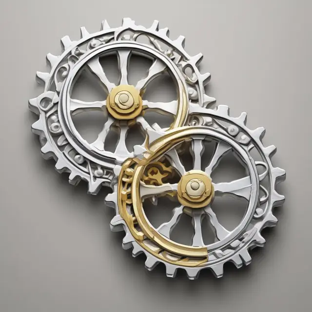 Golden gears symbolizing two incomes interlocking for various DINK demographics: new couples and empty nesters.