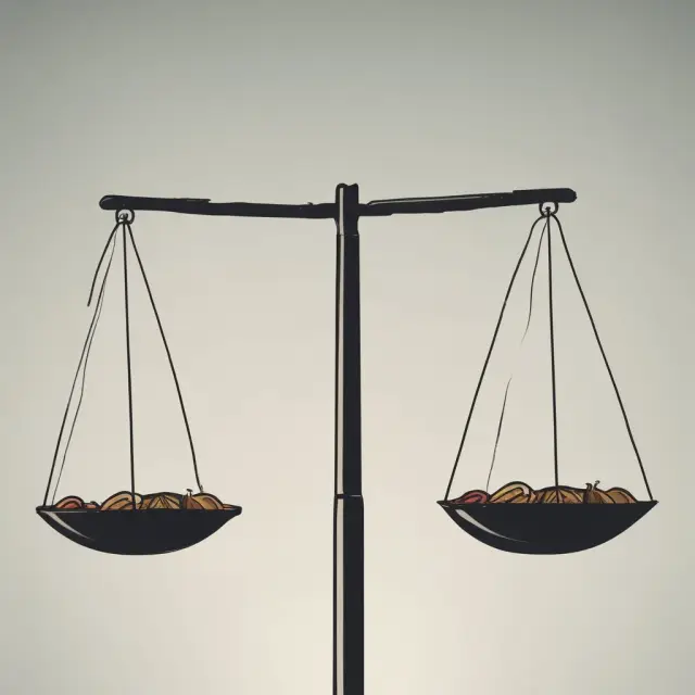 Image of two balanced scales: one labeled 