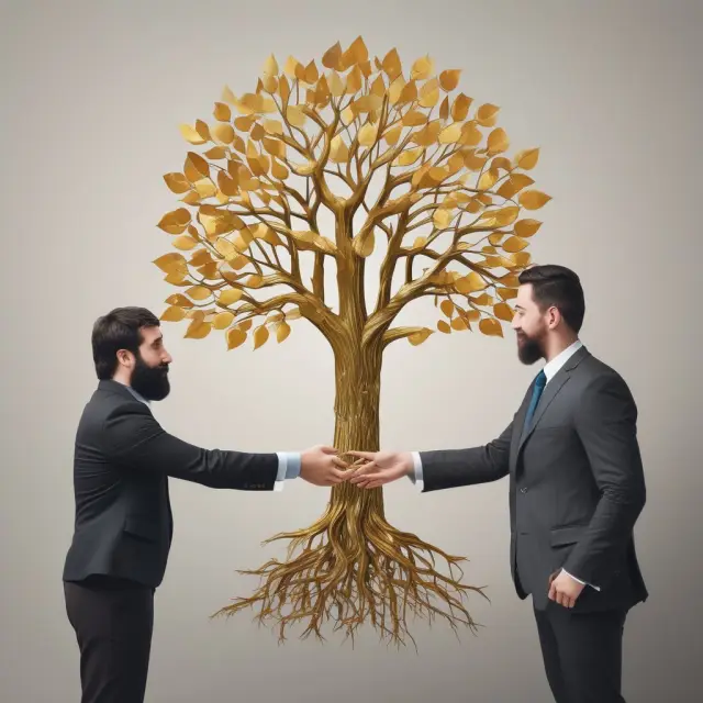 Golden tree symbolizing dual income, no kids households, with professionals joining hands as roots and leaves representing savings