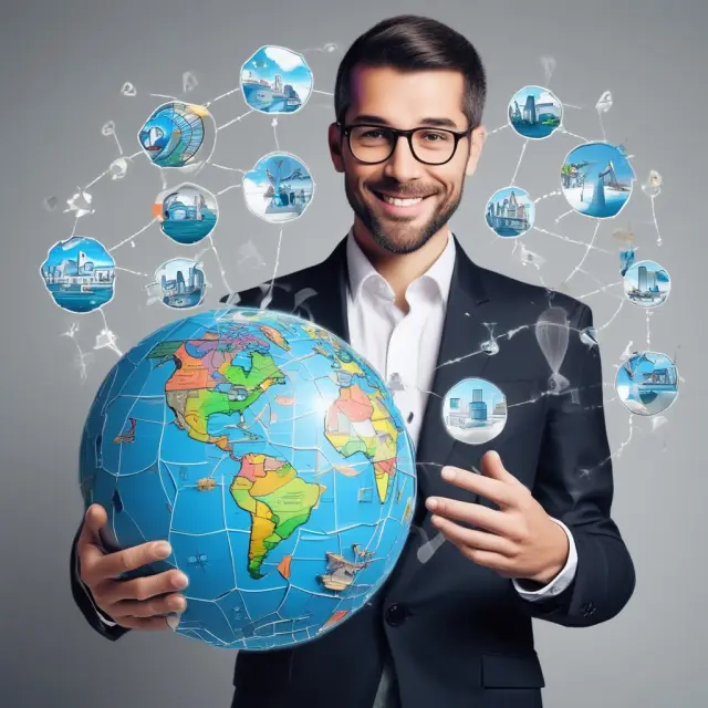 An entrepreneur stands proudly over a spinning globe, assembling diverse industry puzzle pieces into a cohesive international business network.