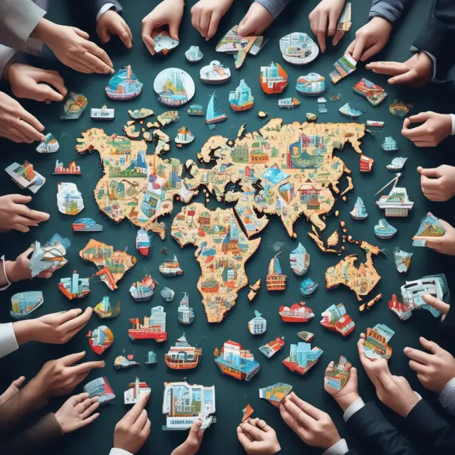 Global investor constructing a conglomerate puzzle with vertical integration, horizontal expansion, and diverse business sectors