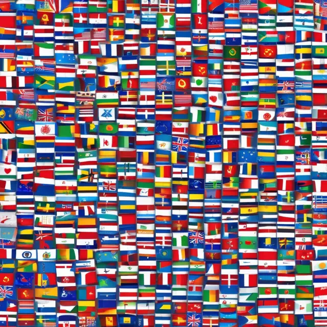 An intricate mosaic of world flags depicting interconnected businesses representing vertical, horizontal, and conglomerate foreign direct investment.