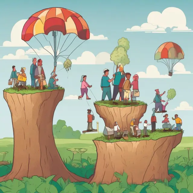 Job creation, technology transfer, and economic growth symbolized by a scale tipping towards people rising from seeds in fertile land