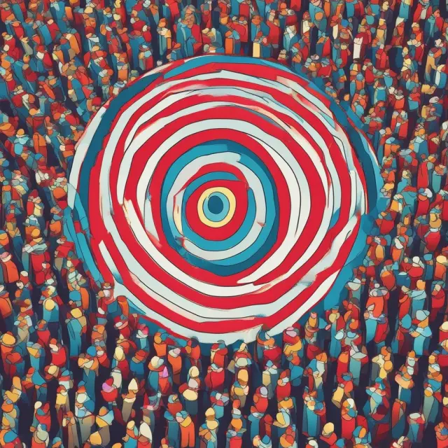 An image of a bright bullseye target with various people representing different demographics gathering around it