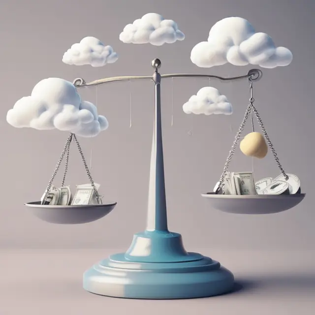 Image showing scales with direct costs (product symbols) balanced against indirect costs (clouds), symbolizing their impact on business operations