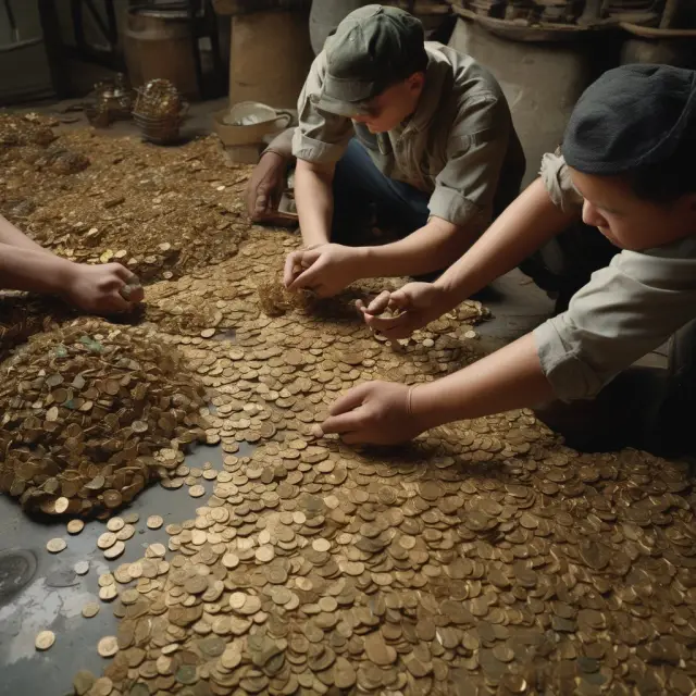 A person carefully managing direct labor costs and sorting golden hour-coins while raw material components transform into gears illustrating production.