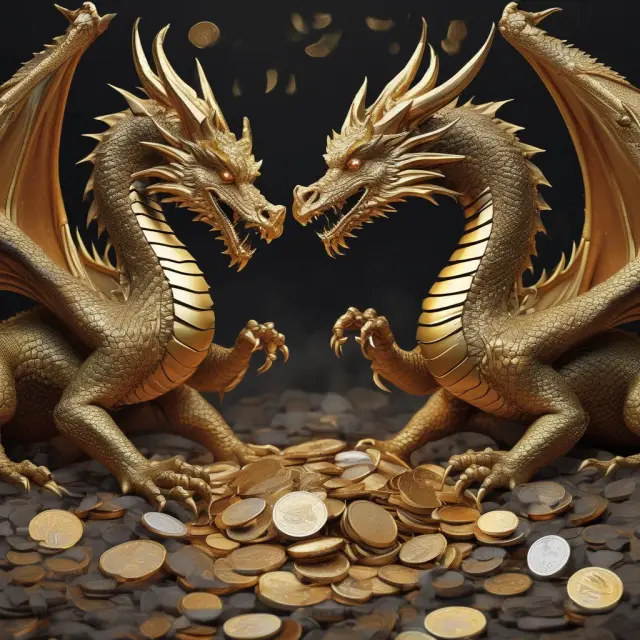 Two golden dragons symbolizing FIFO and LIFO inventory valuation methods clashing over a pile of gold coins, one leading with older coins (FIFO) while the other with newer coins (LIFO)