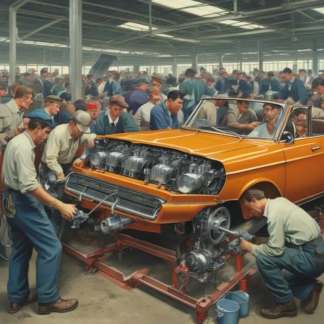 Direct workers assemble a car on an assembly line powered by energy from a burning engine. Engine parts fly in for use.