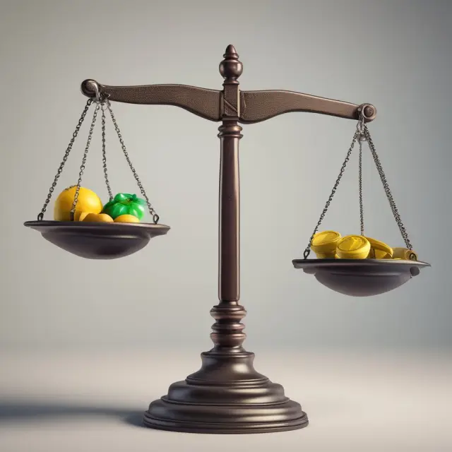 Scales balanced with coins representing variable direct costs, illustrating the challenge of maintaining equilibrium in cost management.