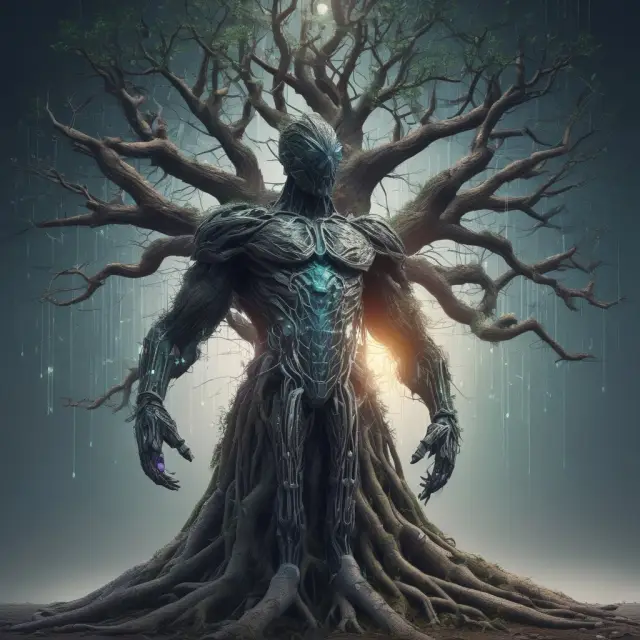 Cyber warrior safeguarding a tree of strong passwords to protect direct deposit accounts from cyber attacks