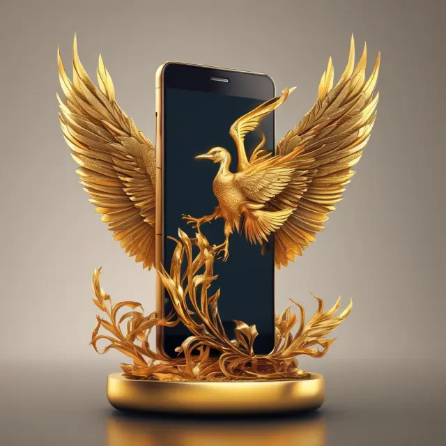 Golden Phoenix emerging from a smartphone, representing the evolution and growth of direct deposit and electronic payments