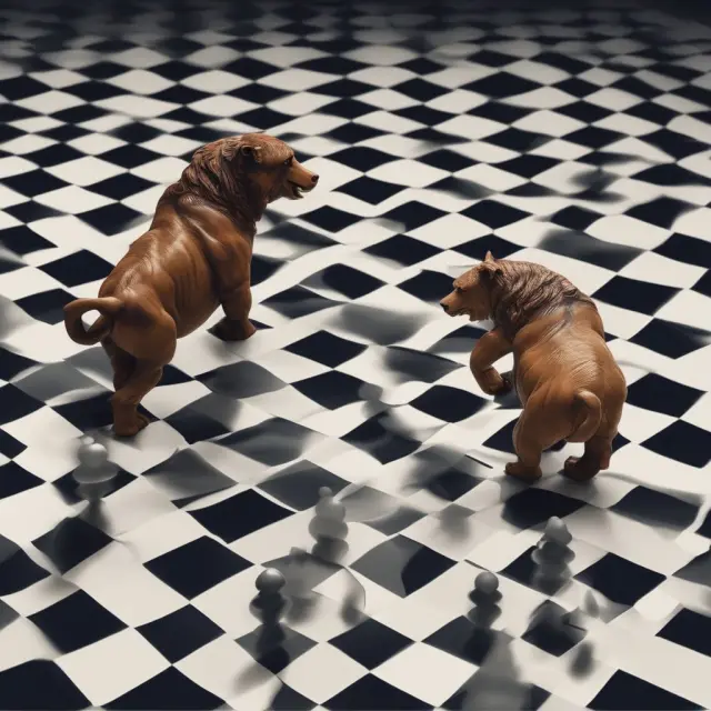 Two stylized market bull and bear figures engaging in a metaphorical wrestling match atop a transparent order book, emphasizing control, transparency, and efficiency in direct market access.