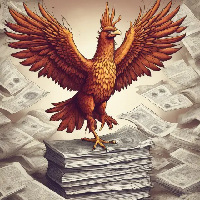 A Phoenix rising majestically from a pile of papers represents the triumphant success of a Direct Public Offering.