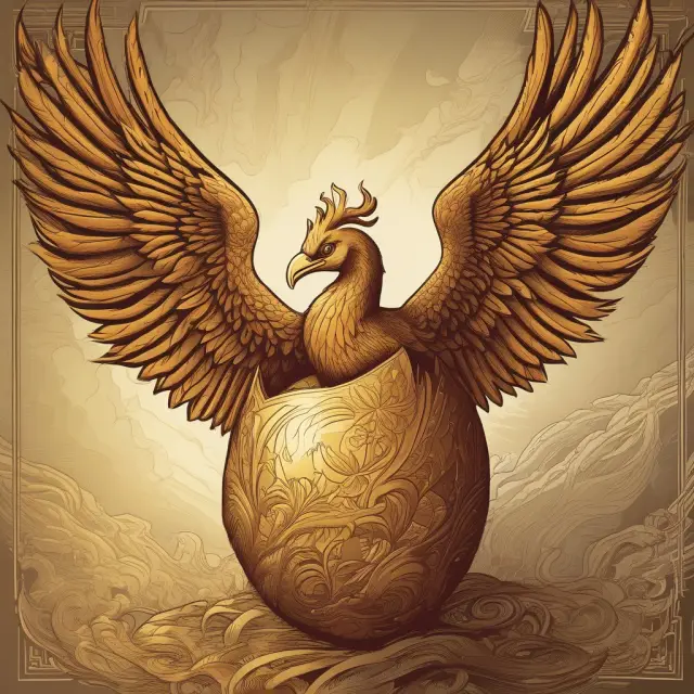 Golden Phoenix rising from an egg, representing the freedom and renewal of companies with Direct Public Offerings. SEO: phoenix, DPO, independence, rebirth, companies.