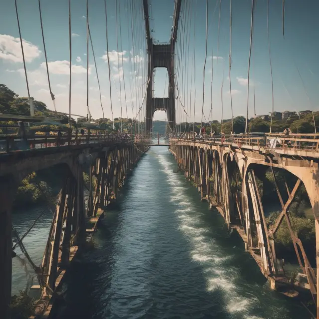 An image featuring a wooden bridge with a few investors making their way across it over turbulent waters, signifying the difficulties of securing investor support in a Direct Public Offering.