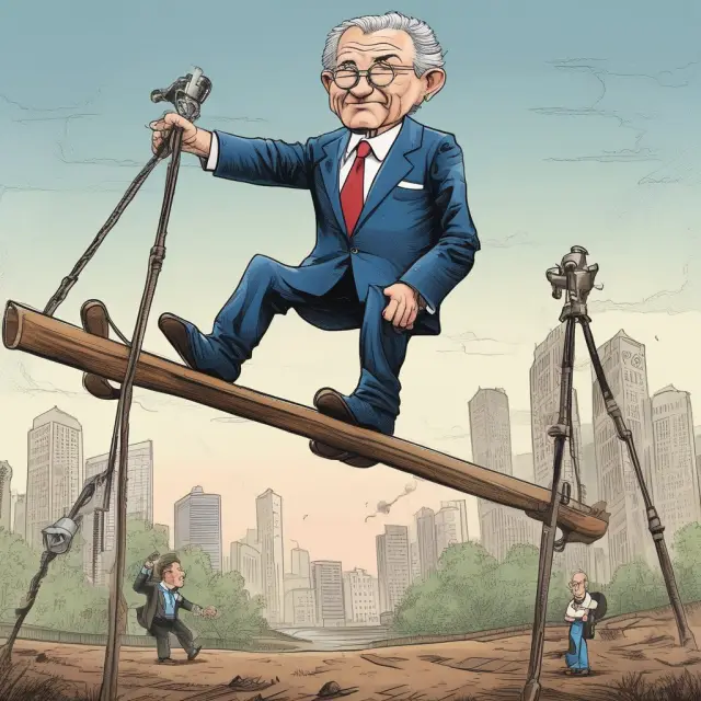A central bank governor sits on a seesaw, balancing exchange rates as he adjusts interest rates and communicates policy changes