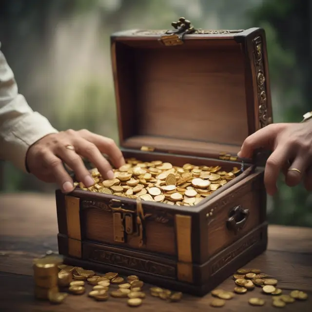 Hand reaching into a treasure chest overflowing with gold stocks, representing the advantages and savings of DSPPs