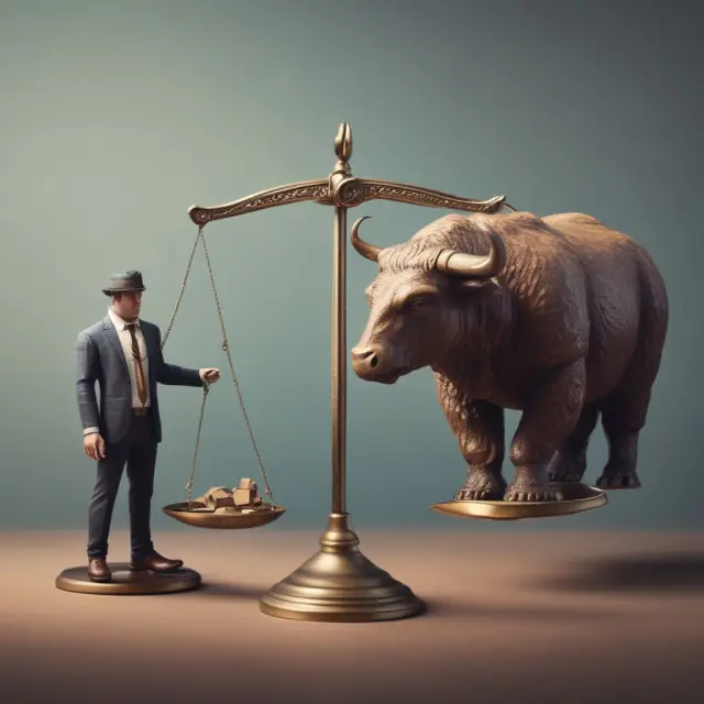 Person weighing investment choices: scales with bull and bear representing DSPPs versus brokerage accounts.