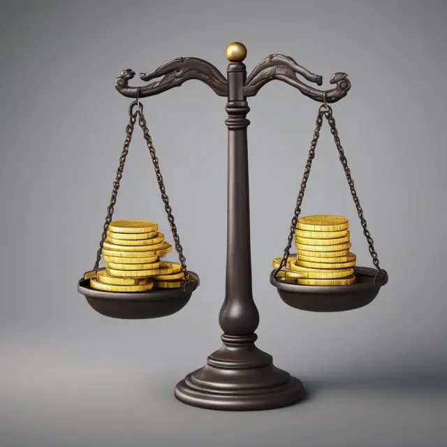 An image of a set of government scales balancing gold coins representing benefits against leaden chains symbolizing challenges of direct taxes