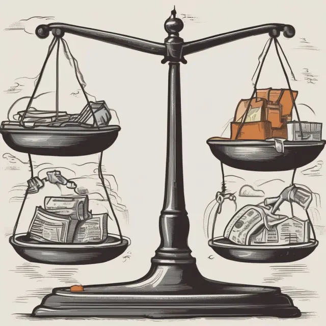 Balanced scale with personal income, corporate profits, economic growth, employment, and inflation symbolizing the complex relationship between direct taxes and the economy