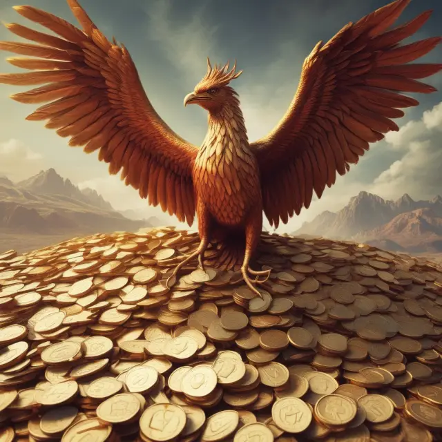 Phoenix rising from a mountain of gold coins, representing the collection and transformation of direct taxes into government revenue