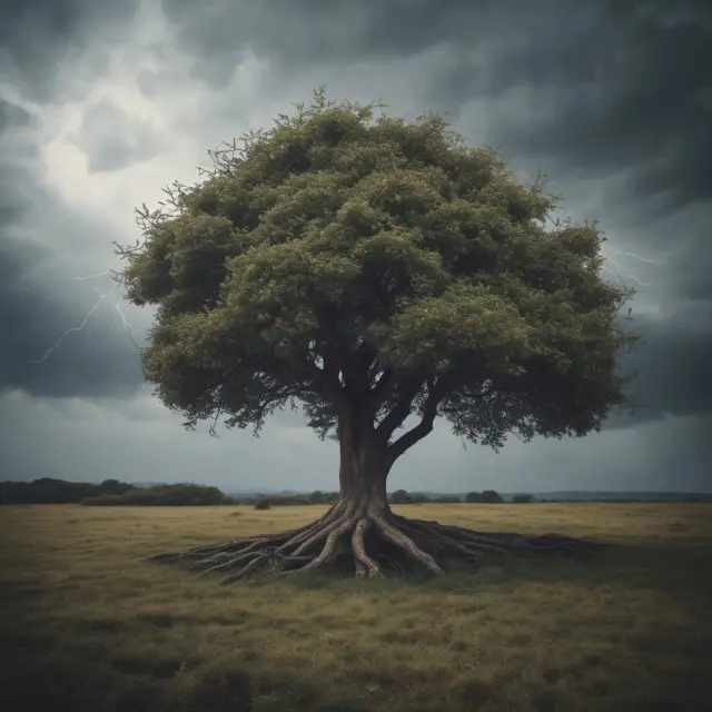 Tree withers in a storm, protected by a shield: Disability Insurance providing income replacement in times of hardship