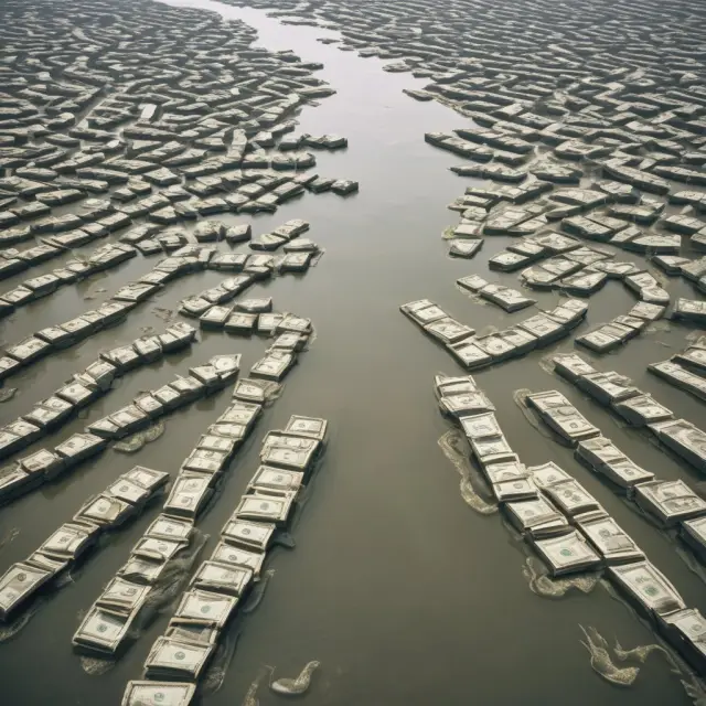 Two intertwining rivers symbolizing controlled and delayed disbursements flowing into a large, tranquil lake representing efficient cash flow management