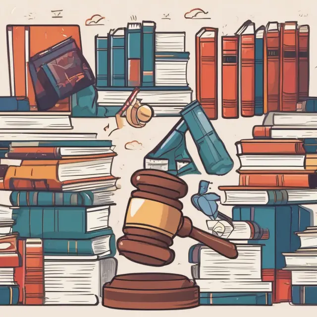 Image: A gavel striking open books symbolizing legal cases next to students studying with calculators, representing student loan disbursements.