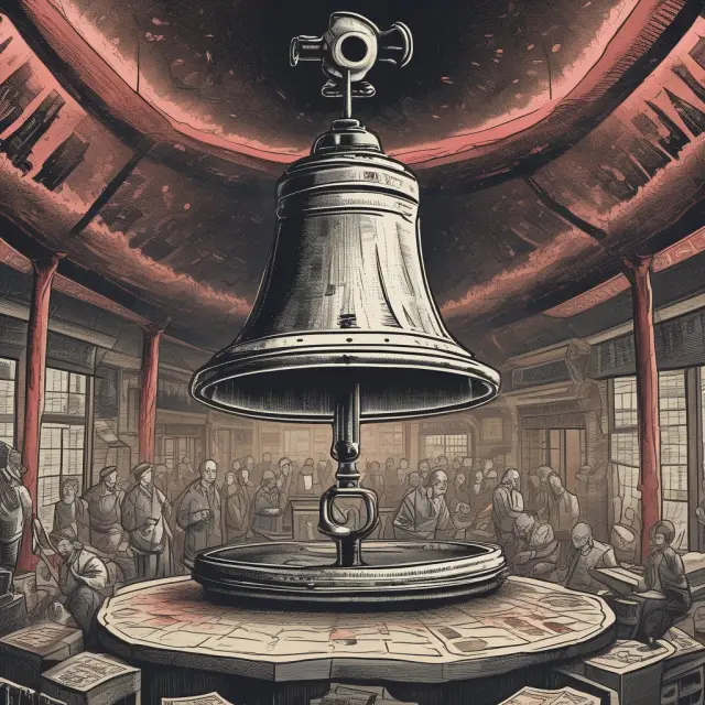 A company bell tolls amidst a turbulent sea of charts, symbolizing transparency and early warnings during the coronavirus pandemic.