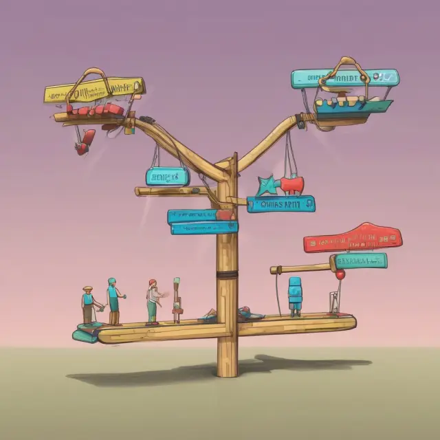 Two companies on a seesaw; one reports gains from discontinued operations while the other experiences losses